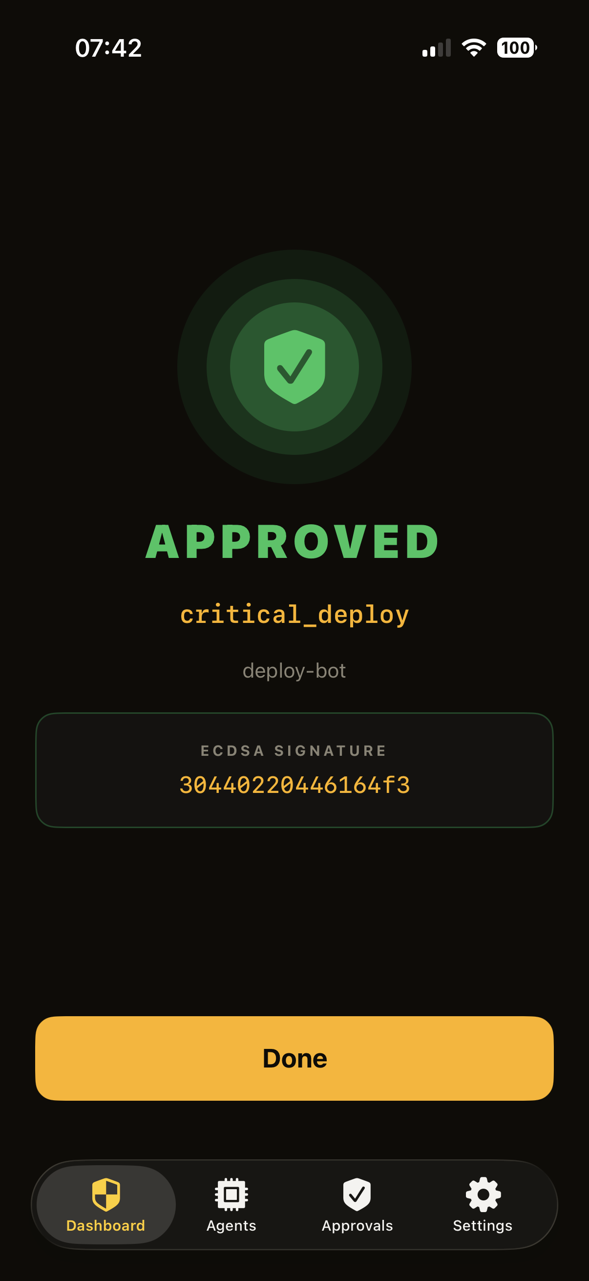 Approved — cryptographically signed with an ECDSA signature