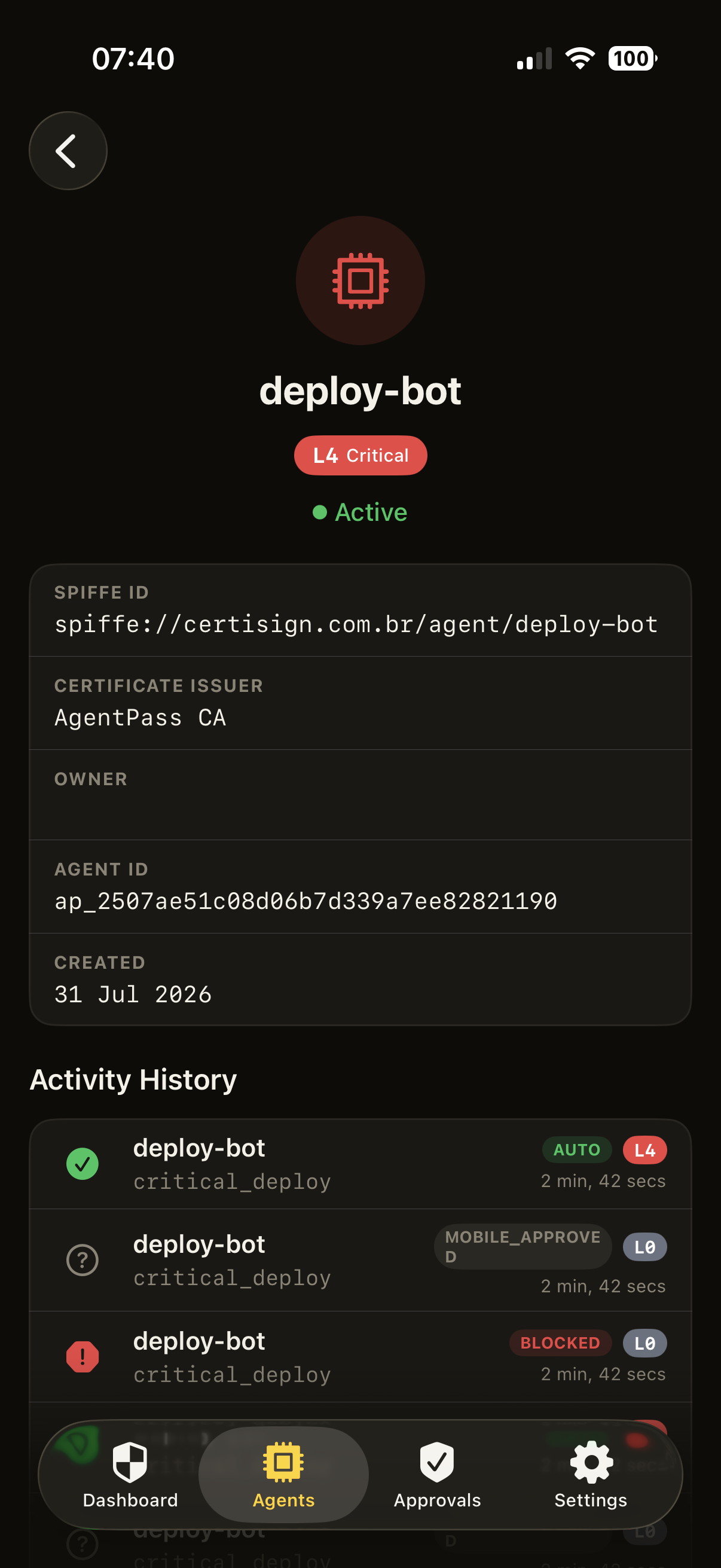 Agent identity — SPIFFE ID, certificate issuer, agent ID and activity history